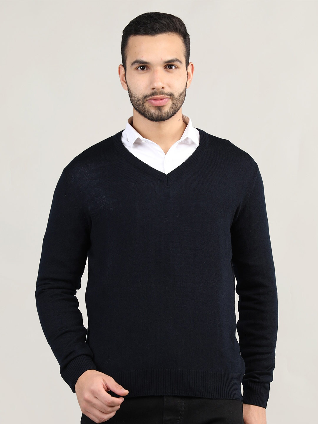 

CHKOKKO Men Wool Navy Blue Pullover