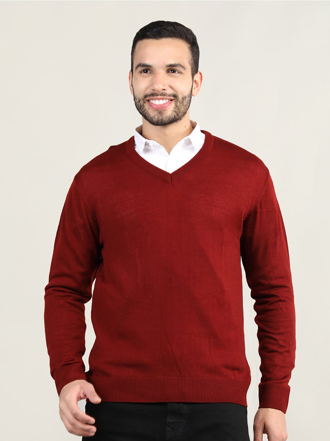 

CHKOKKO Men Wool Maroon Pullover