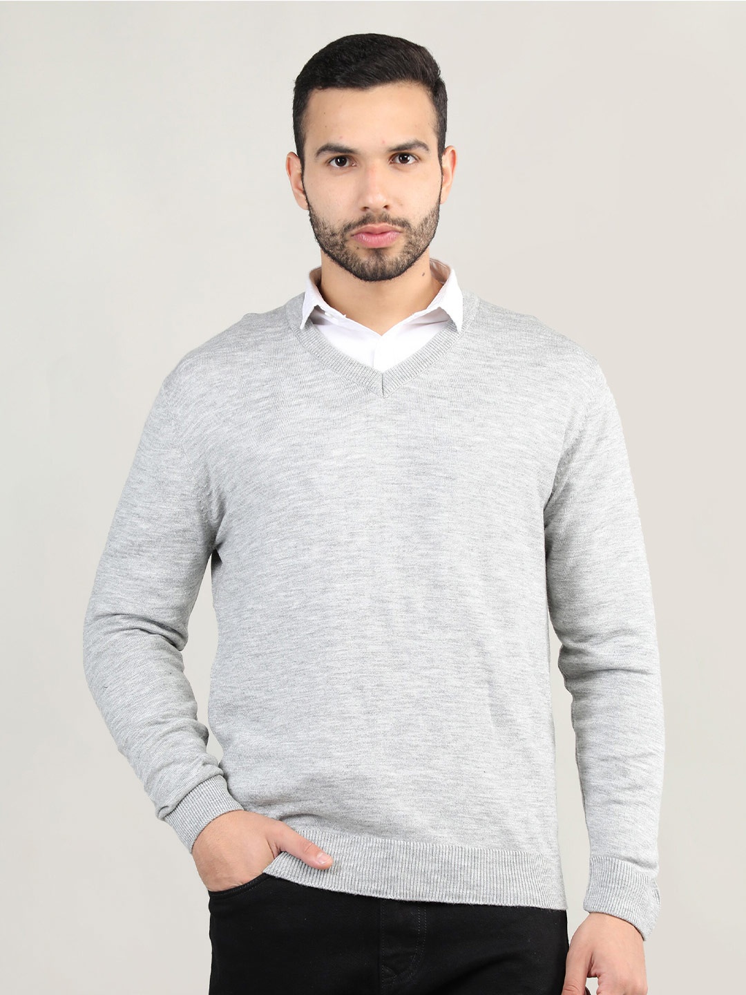 

CHKOKKO Men Wool Grey Printed Pullover