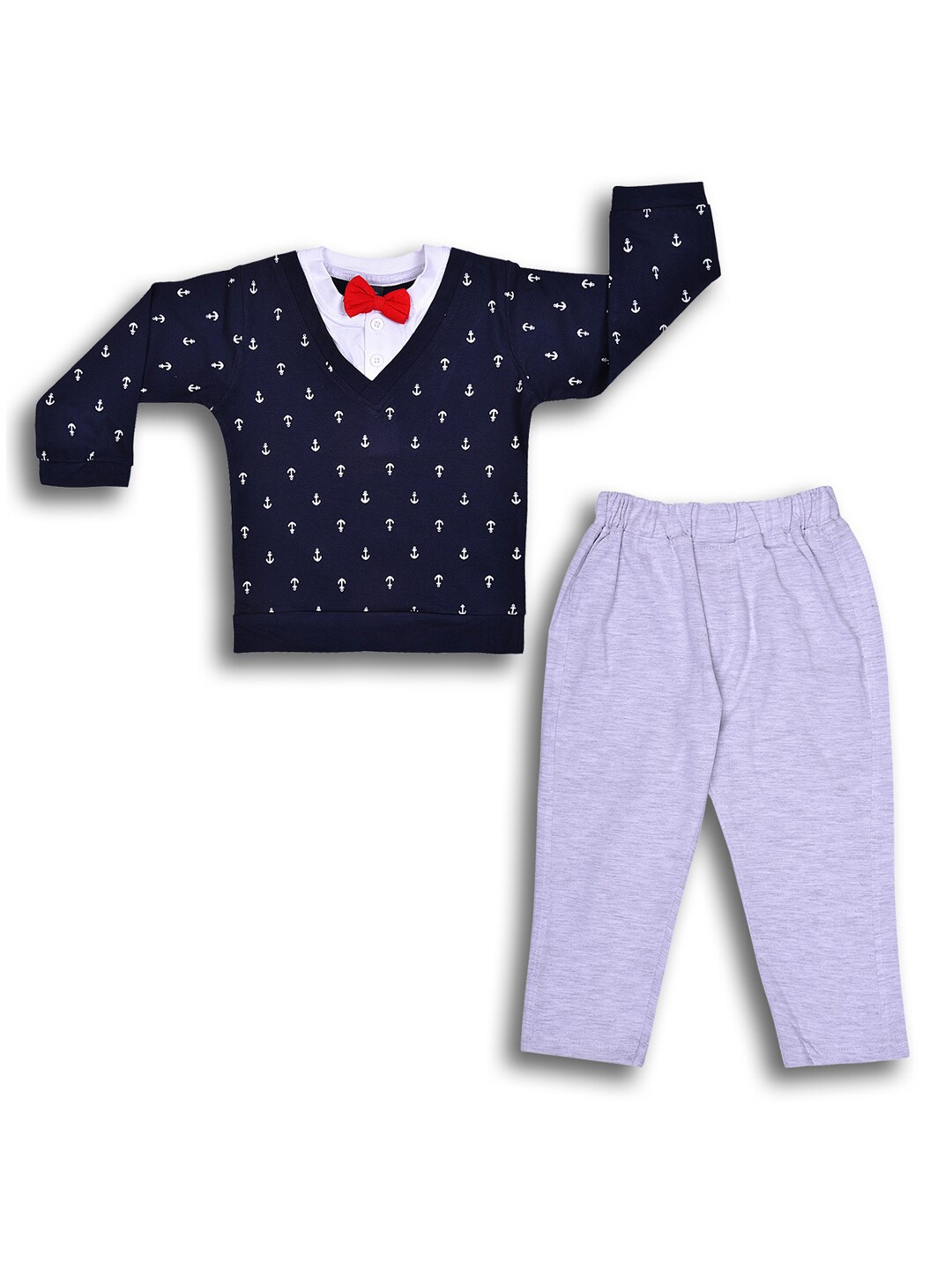 Wish Karo Boys Navy Blue & Grey Melange Printed T-shirt with Trouser
