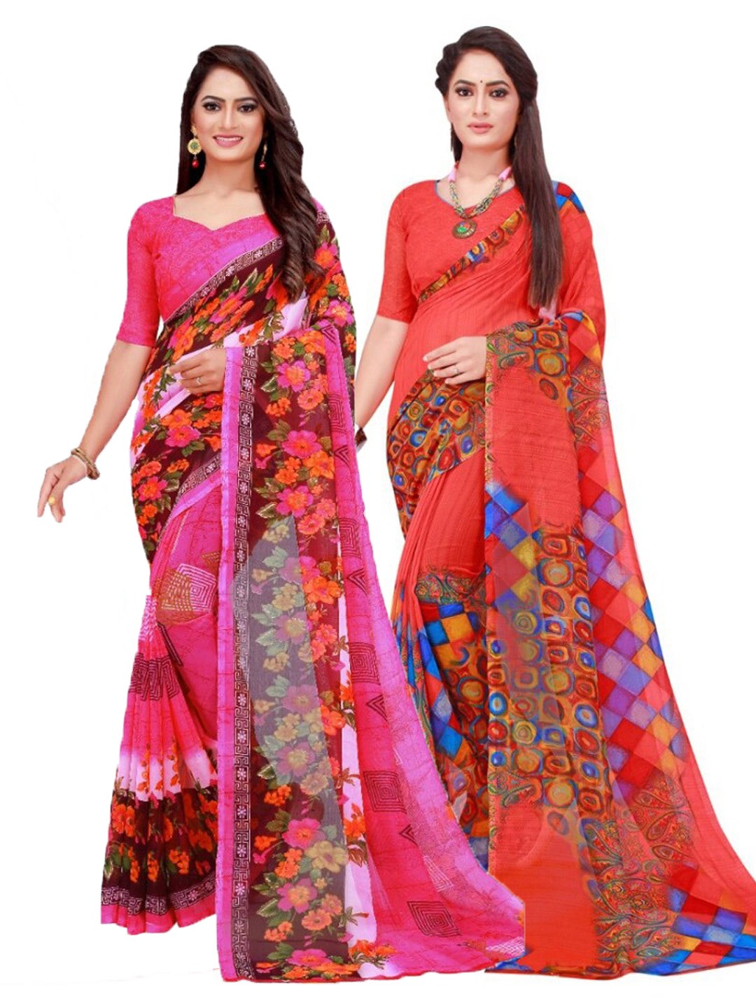 

Silk Bazar Pack Of 2 Floral Pure Georgette Saree, Pink