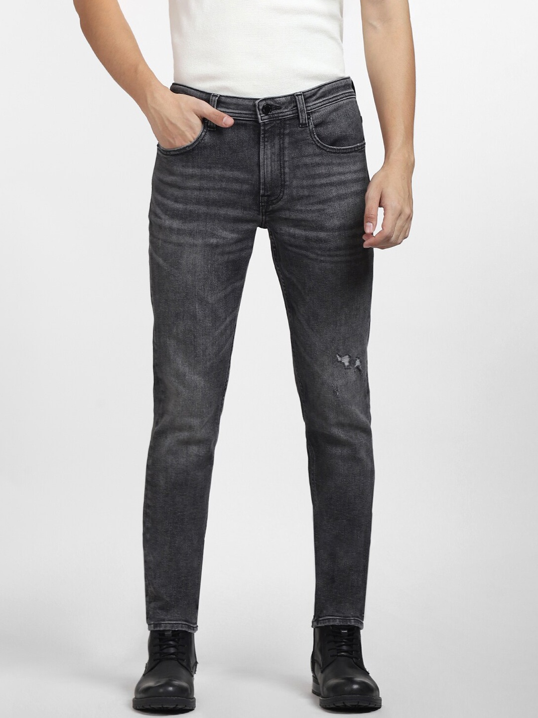

Jack & Jones Men Slim Fit Low-Rise Mildly Distressed Heavy Fade Cotton Jeans, Grey