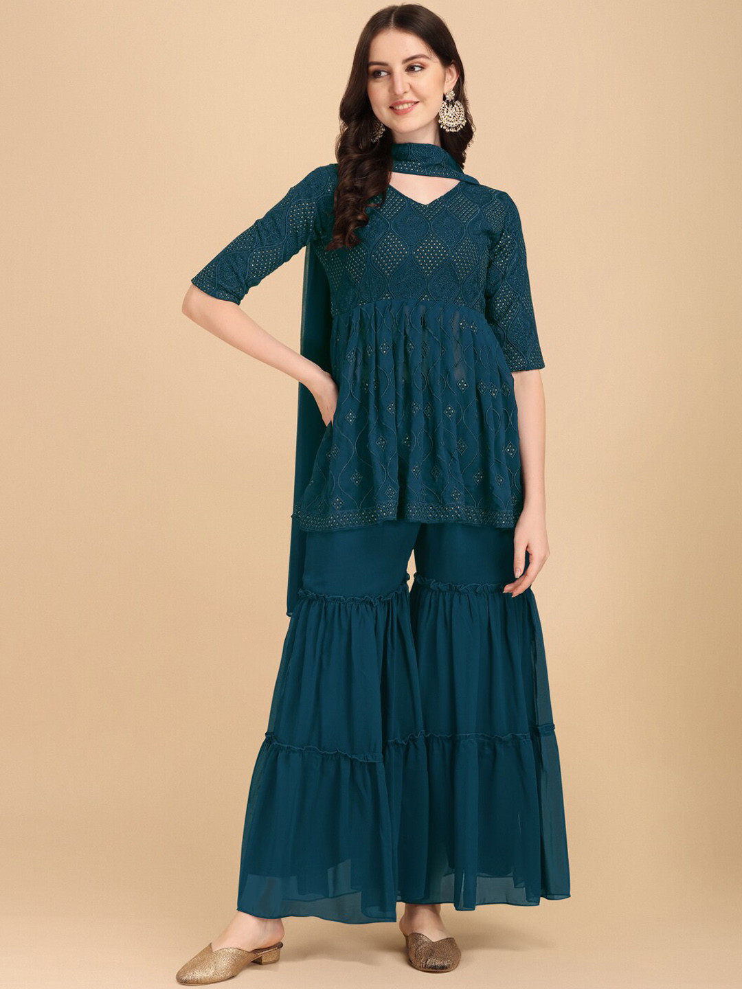 

Virah Fashion Women Blue Embroidered Sequinned Top with Sharara & With Dupatta