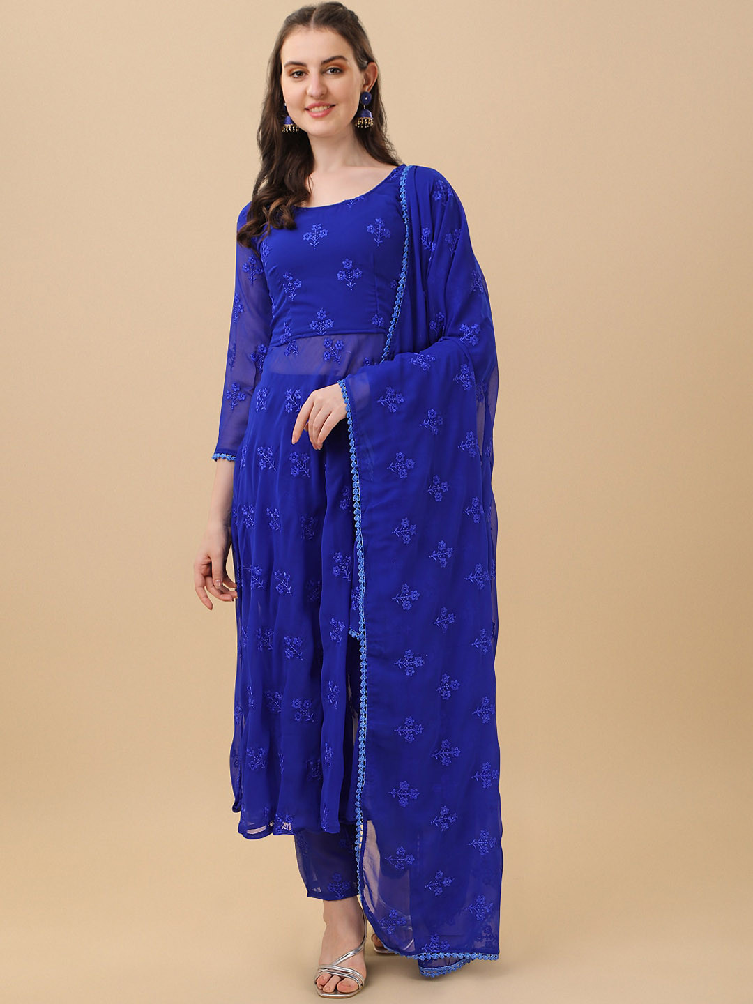 

Virah Fashion Women Blue Floral Embroidered Kurta with Trousers & With Dupatta