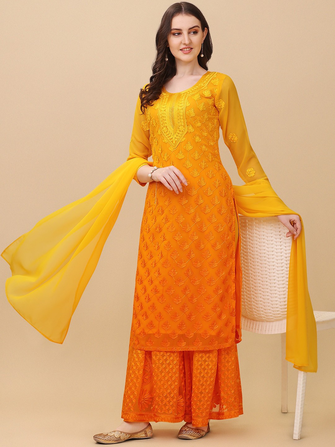 

Virah Fashion Women Yellow Floral Embroidered Thread Work Kurta with Sharara & With Dupatta