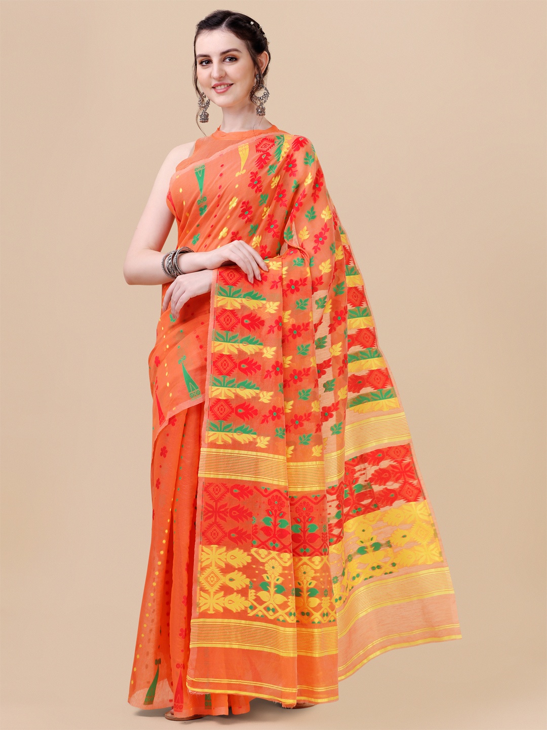 

KALINI Orange & Yellow Woven Design Silk Cotton Jamdani Saree