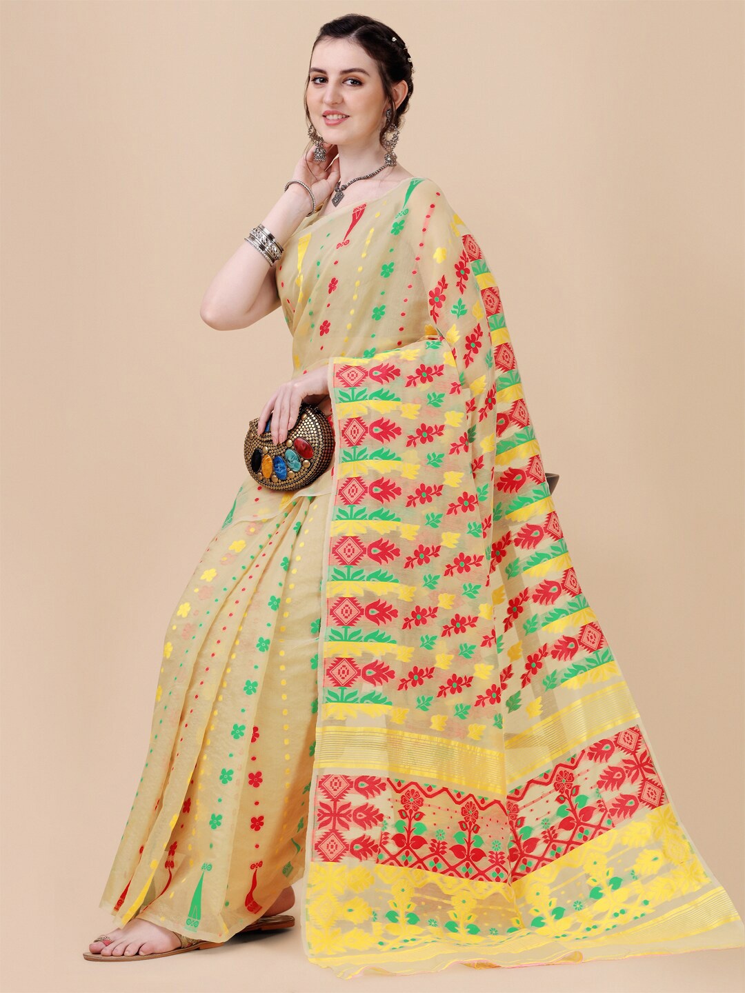 

KALINI Beige & Red Woven Design Silk Cotton Jamdani Saree