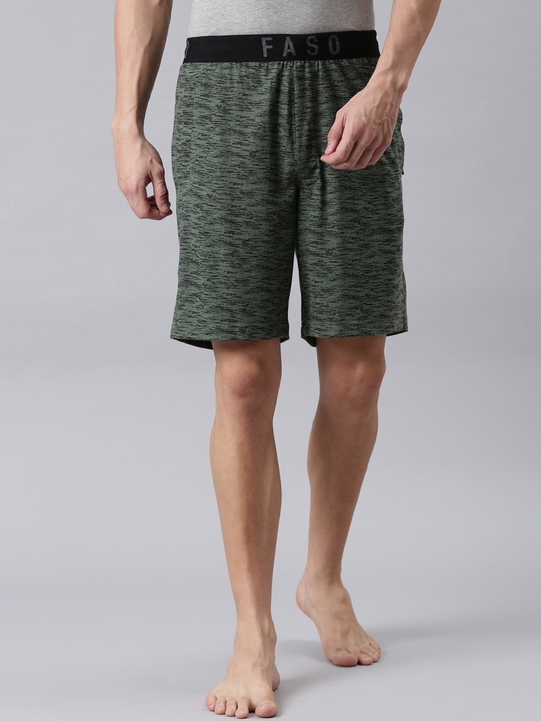 FASO Men Olive Green Printed Lounge Shorts