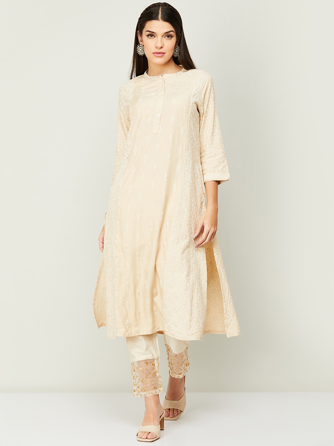 

Melange by Lifestyle Band Collar Floral Embroidered Gotta Patti Kurta, Beige