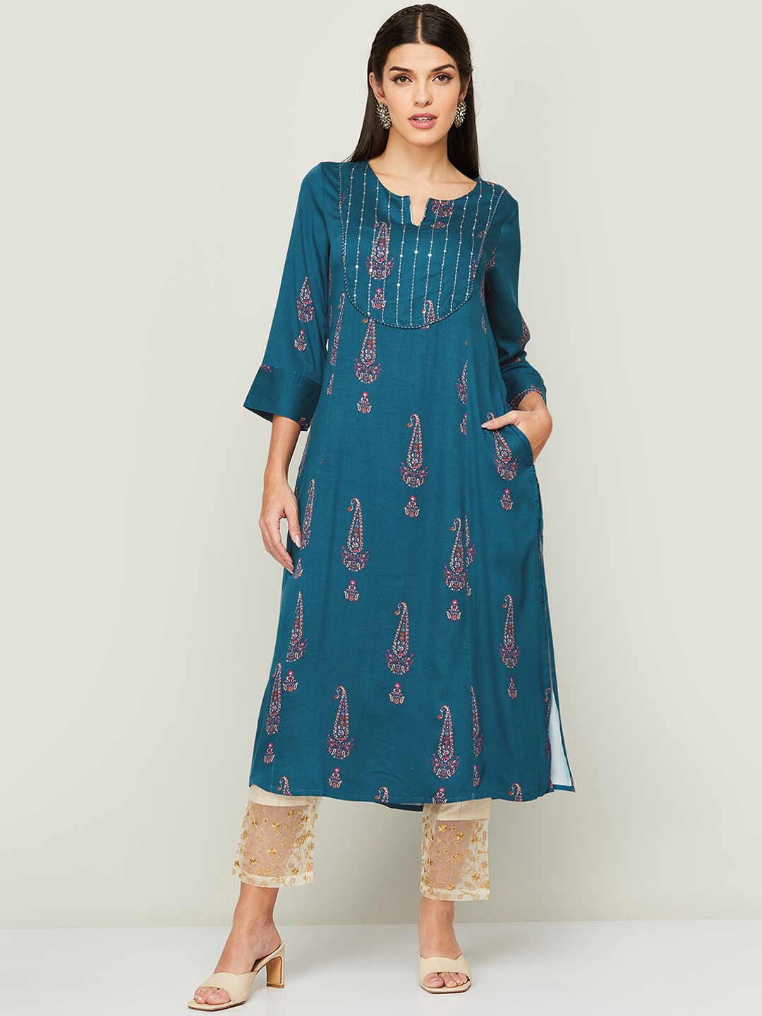 

Melange by Lifestyle Paisley Printed Notched Neck Sequins A-Line Kurta, Teal
