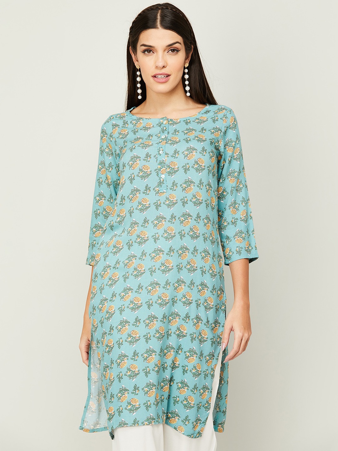 

Melange by Lifestyle Women Teal Floral Printed Kurta