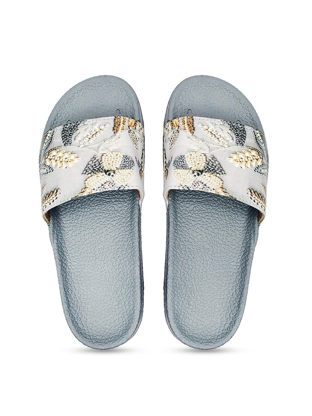 

FREECO Women Grey & White Embellished Synthetic Sliders