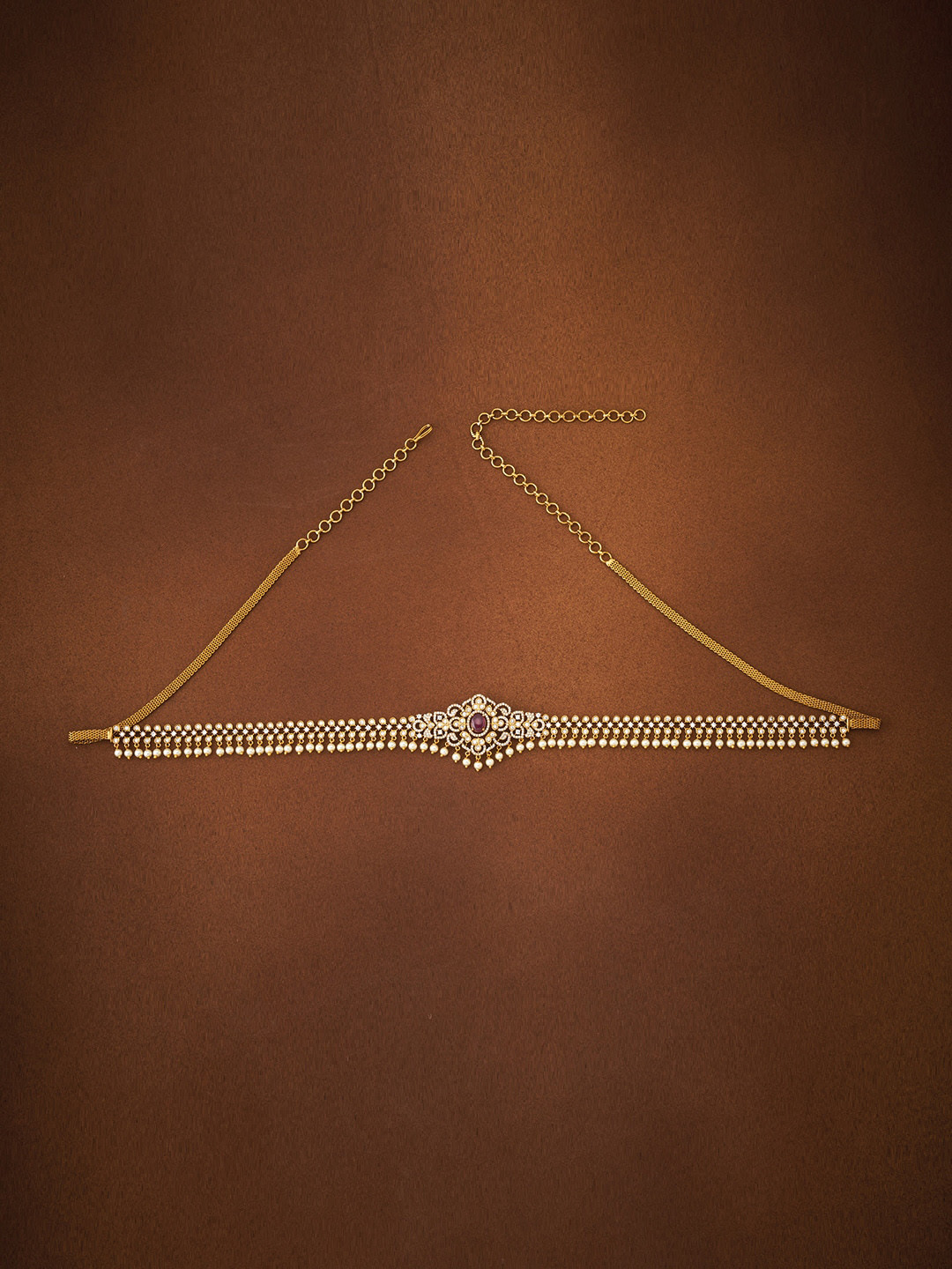 

Kushal's Fashion Jewellery Gold-toned Red CZ-Studded & Beaded Traditional Kamarbandh