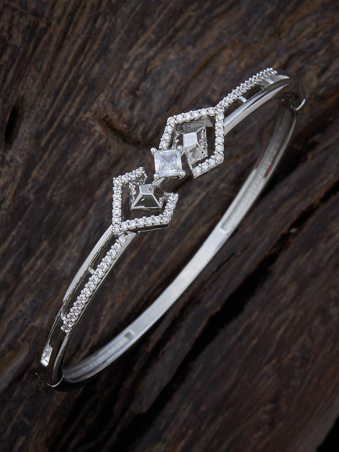 

Kushal's Fashion Jewellery Women Silver-Toned & White Cubic Zirconia Rhodium-Plated Kada Bracelet