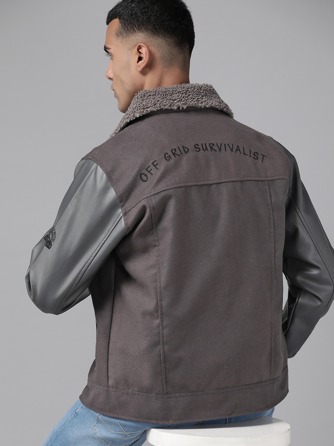 

The Roadster Lifestyle Co. Men Sherpa Tailored Jacket, Charcoal