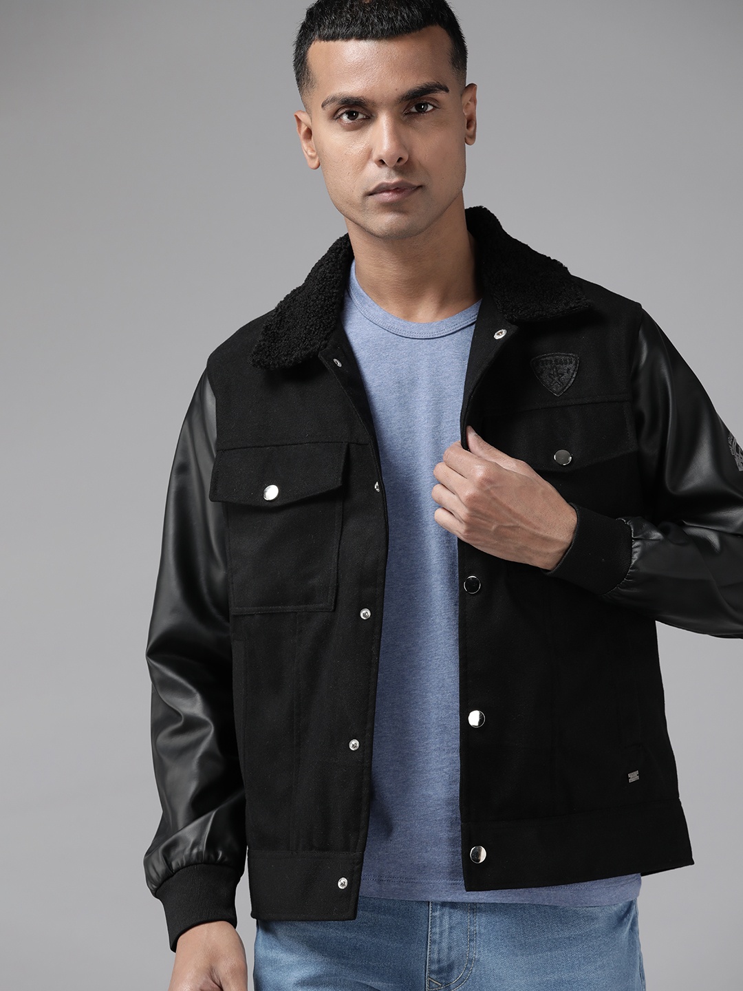 

The Roadster Lifestyle Co. Men Faux Leather Trim Pocket Detailed Jacket, Black