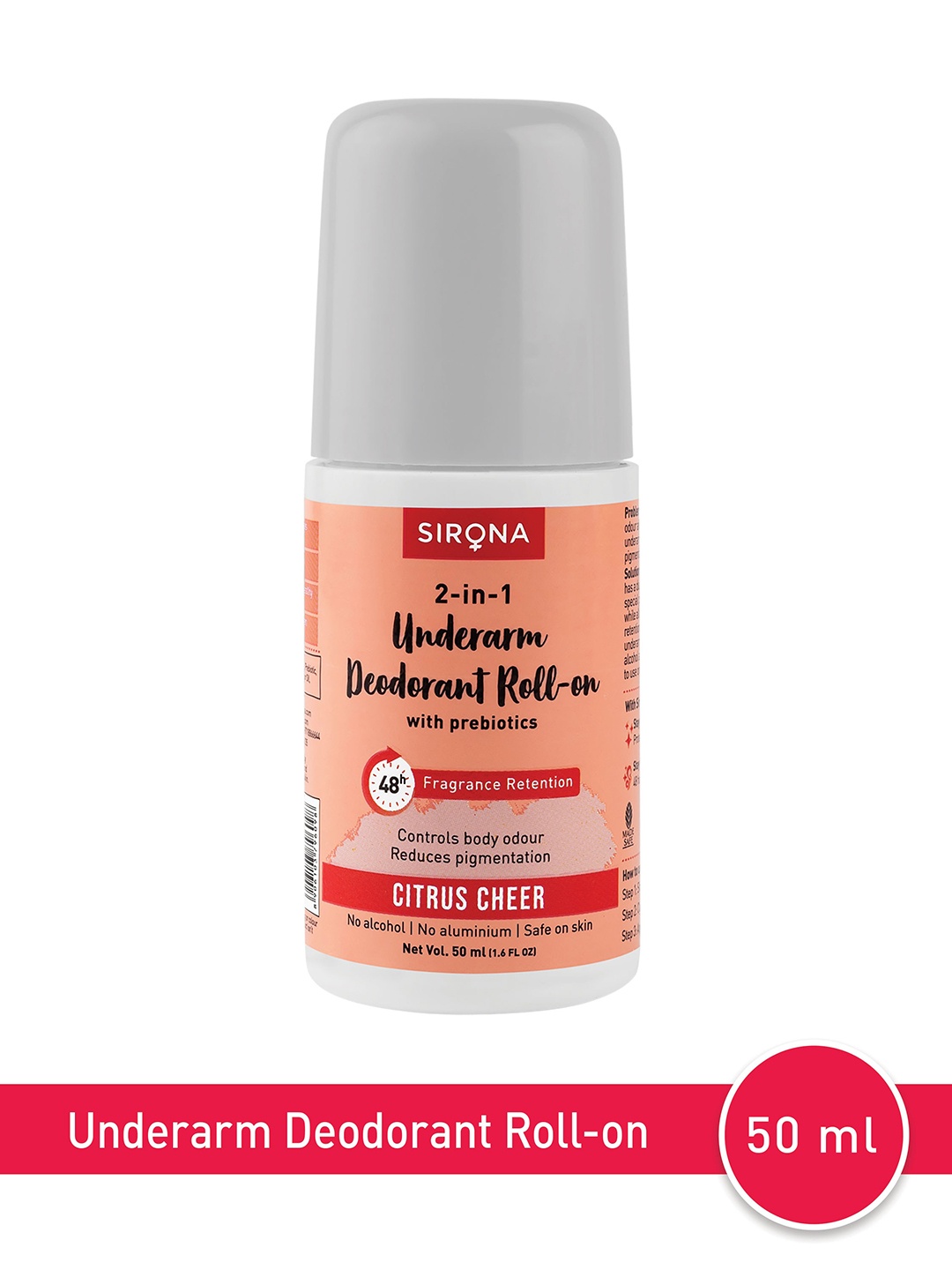 Sirona 2-in-1 Underarm Roll On Deodorant with Prebiotics 50 ml - Citrus Cheer, Orange
