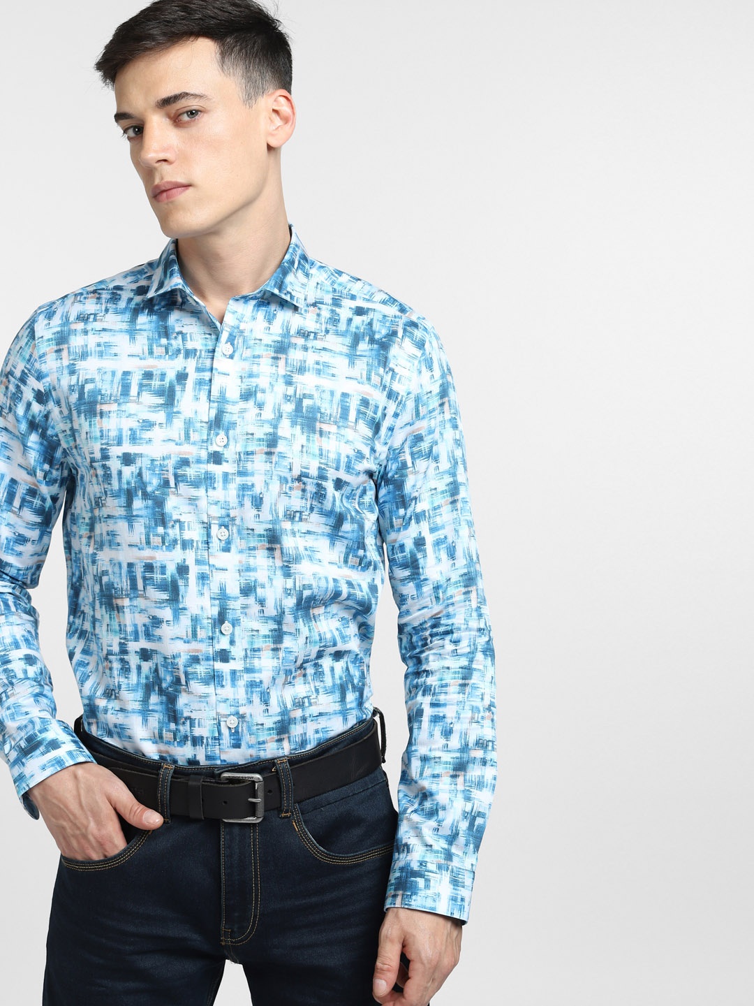 

Jack & Jones Men Turquoise Blue Slim Fit Printed Cotton Casual Shirt