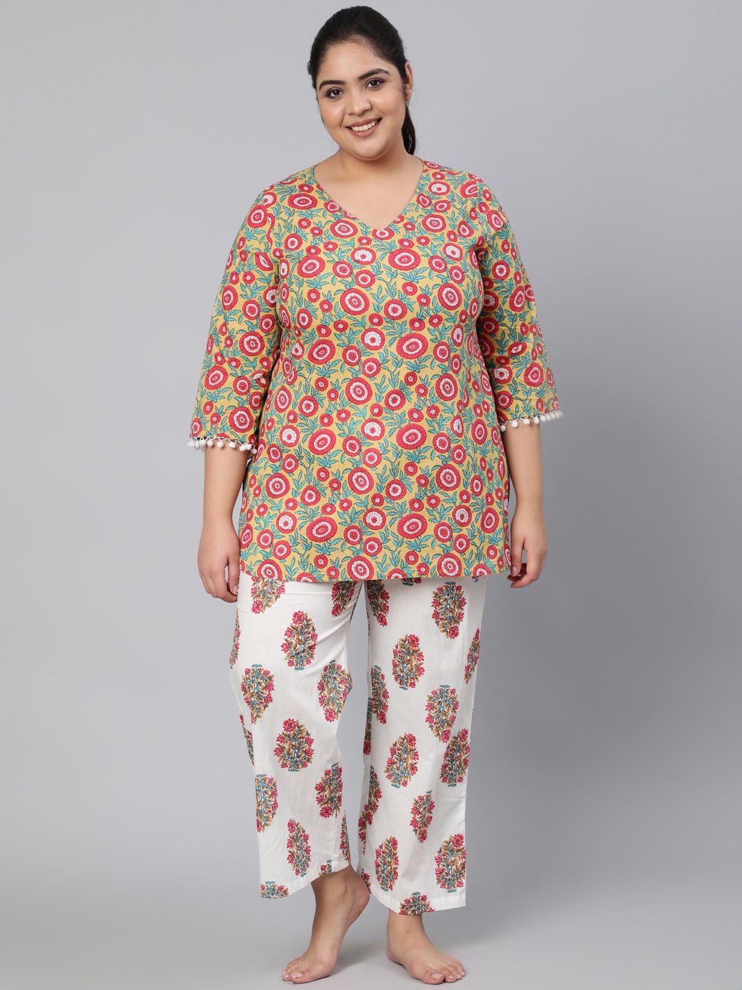 

Jaipur Kurti Women Yellow & White Printed Cotton Night Suit