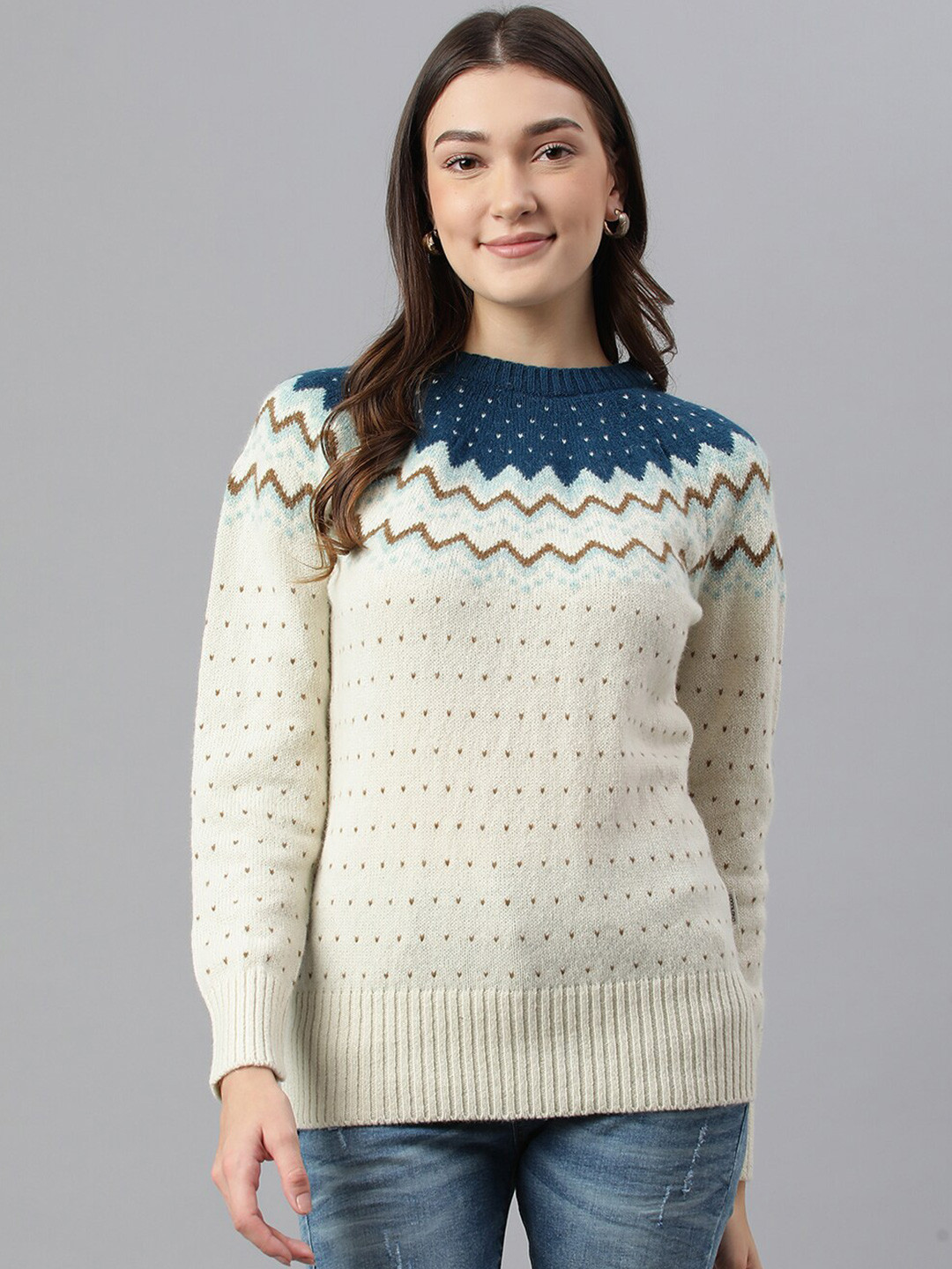 

Woodland Women White & Blue Printed Wool Pullover