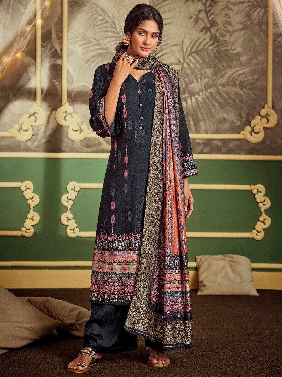 

Stylee LIFESTYLE Black & Pink Printed Unstitched Dress Material