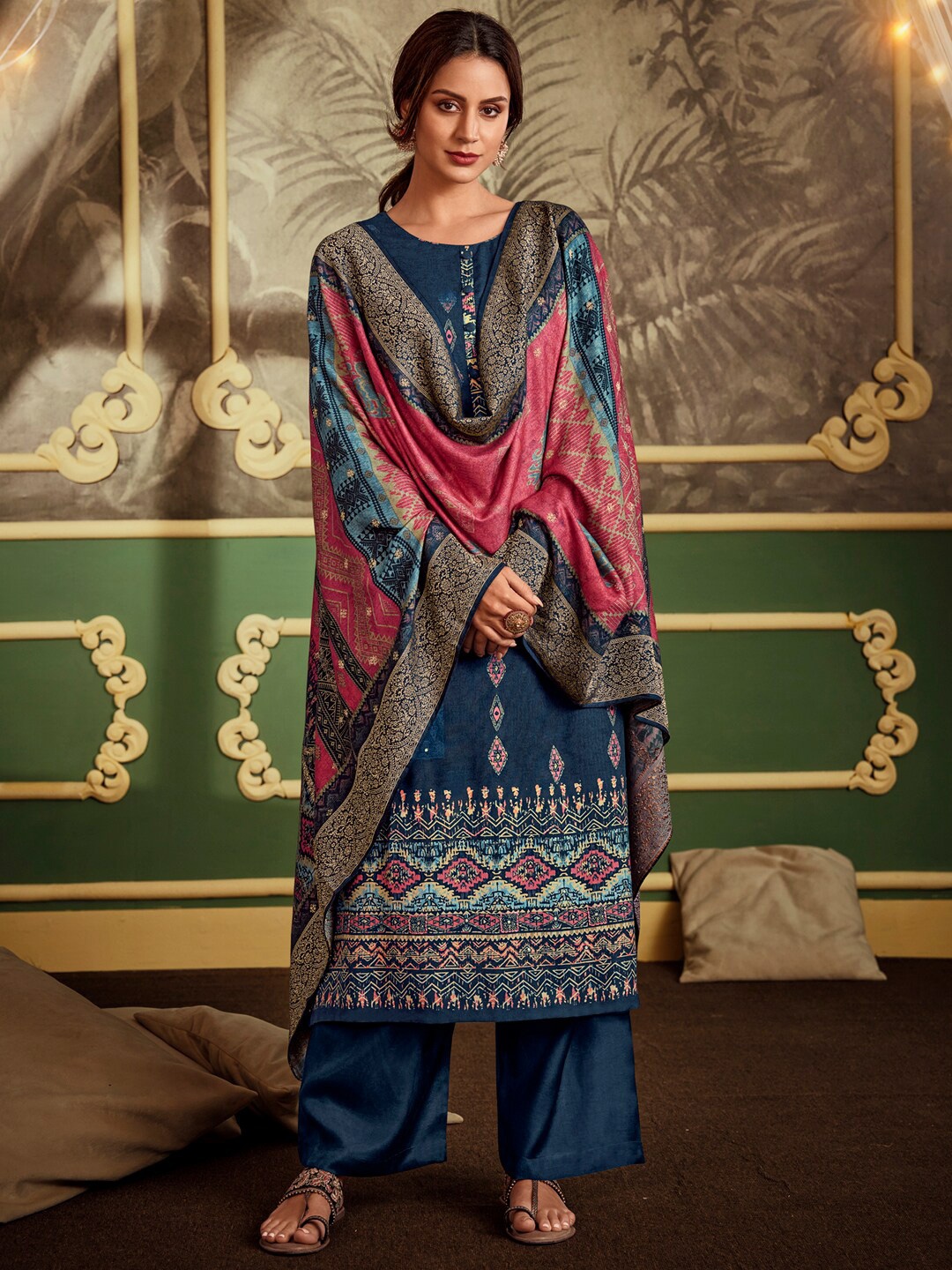 

Stylee LIFESTYLE Women Navy Blue & Pink Geometric Printed Unstitched Dress Material