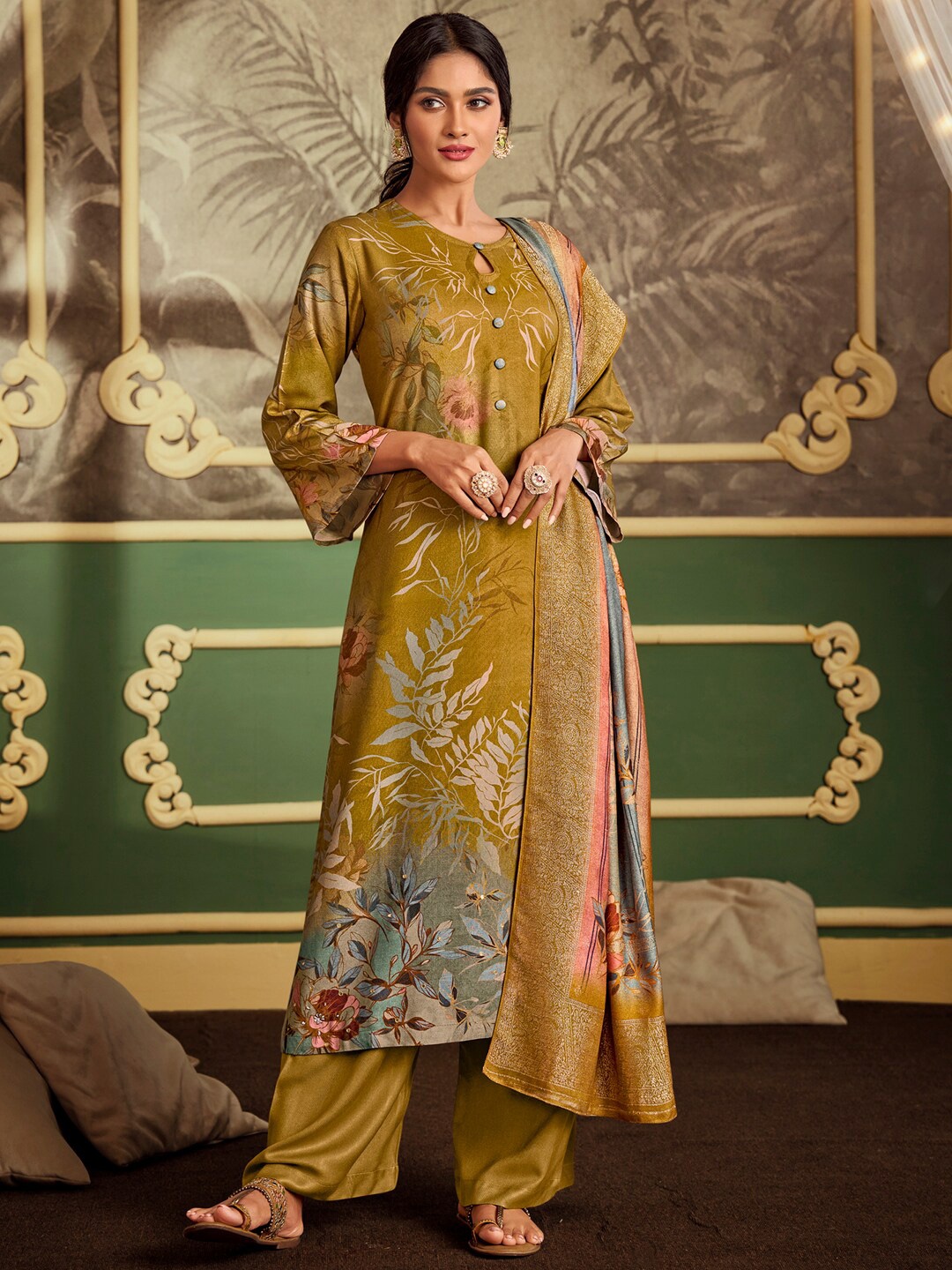 

Stylee LIFESTYLE Women Mustard & Grey Floral Printed Unstitched Dress Material