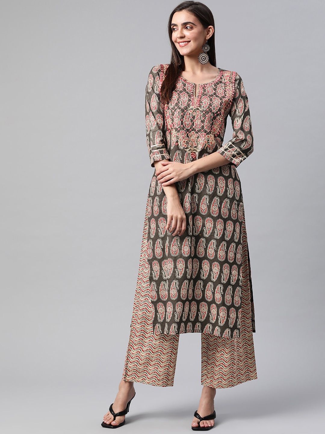

KALINI Women Black & Red Floral Printed Pure Cotton Kurta with Palazzos