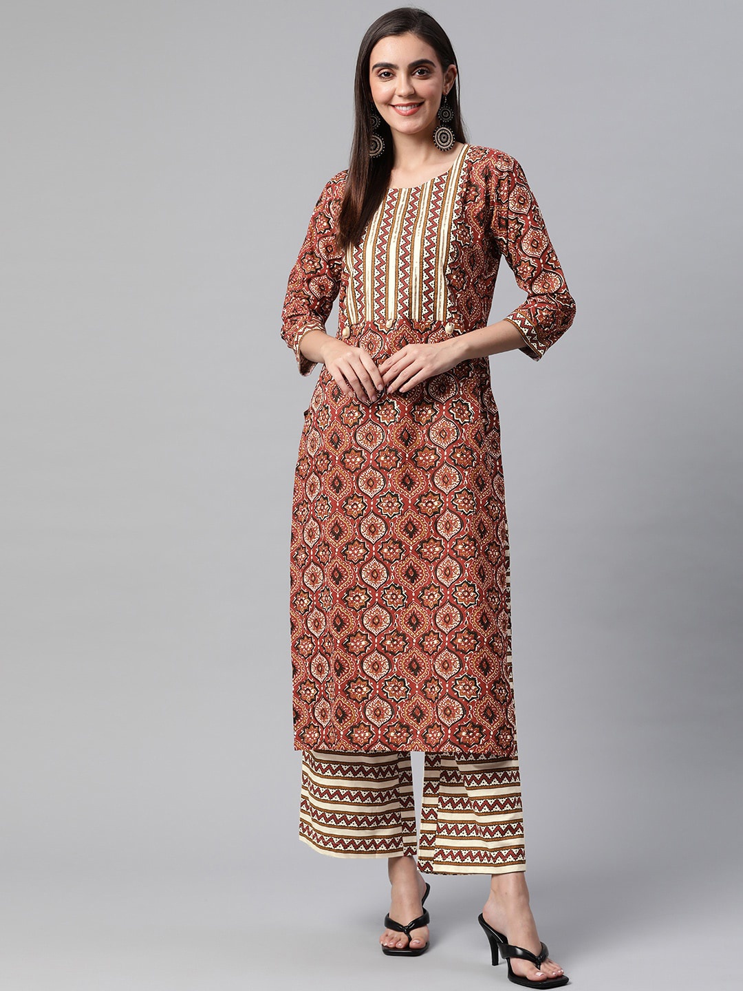 

KALINI Women Brown & Beige Floral Printed Pure Cotton Kurta with Palazzos