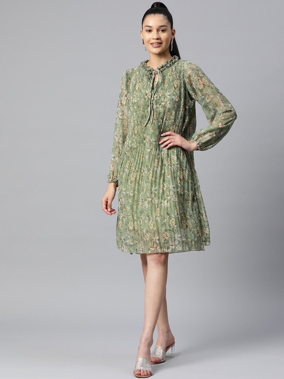 

plusS Olive Floral Print Knee Length A-Line Dress