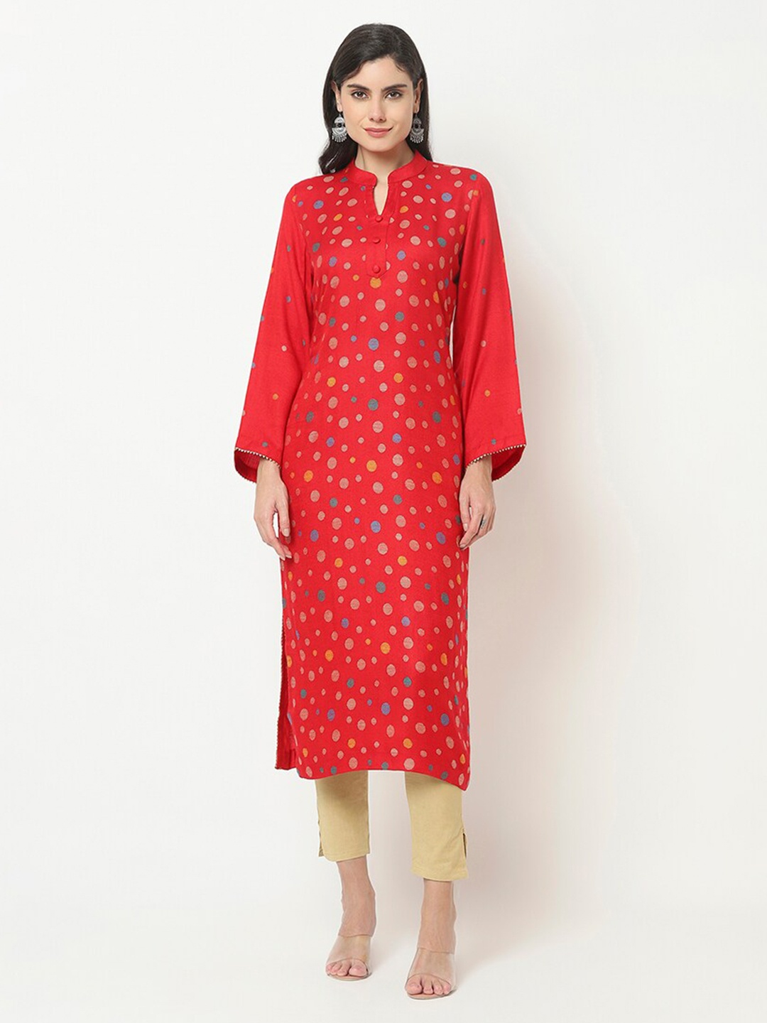 

KALINI Geometric Printed Mandarin Collar Straight Regular Kurta, Red