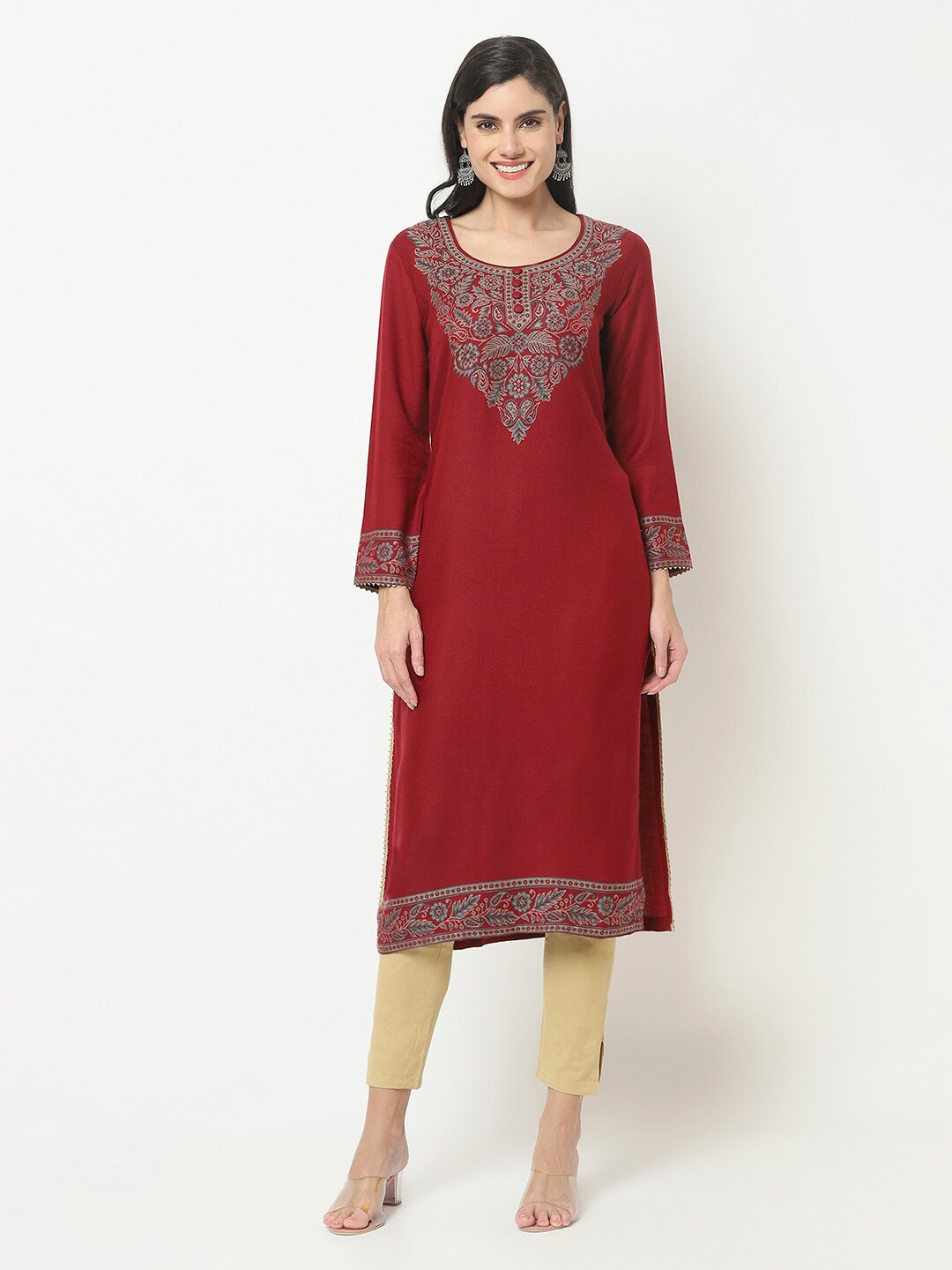 

KALINI Ethnic Motifs Printed Woolen Kurta, Maroon