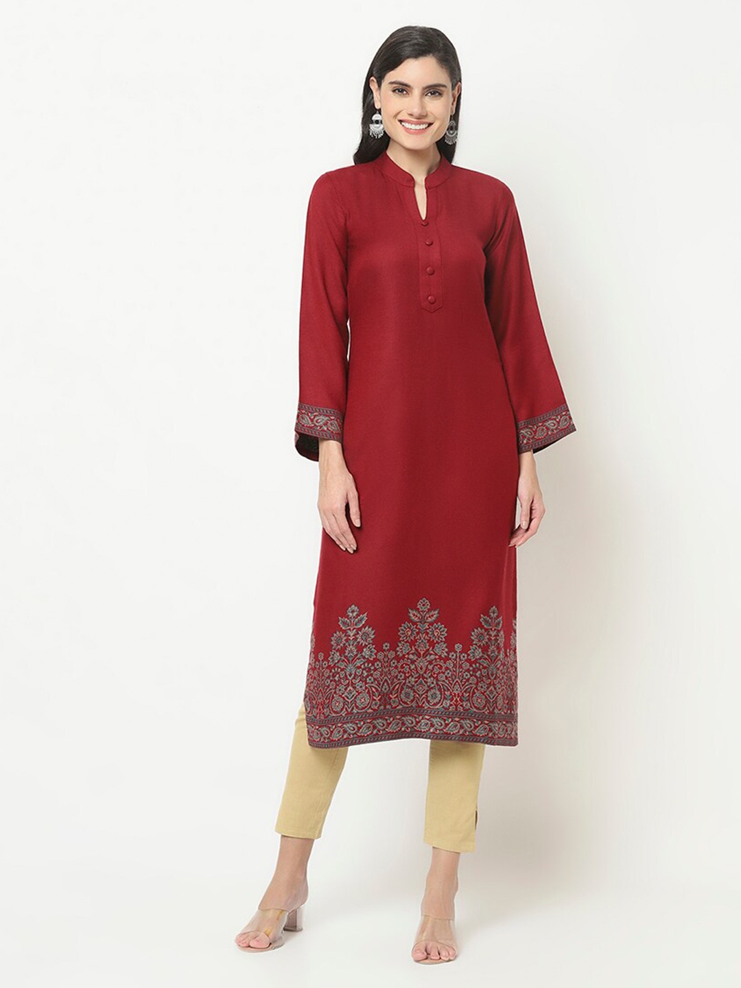 

KALINI Ethnic Motifs Printed Mandarin Collar Straight Regular Kurta, Maroon
