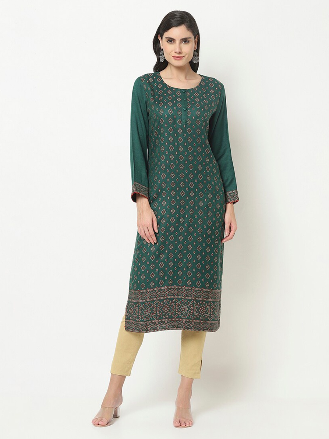 KALINI Ethnic Motifs Printed Straight Woolen Regular Kurta, Green