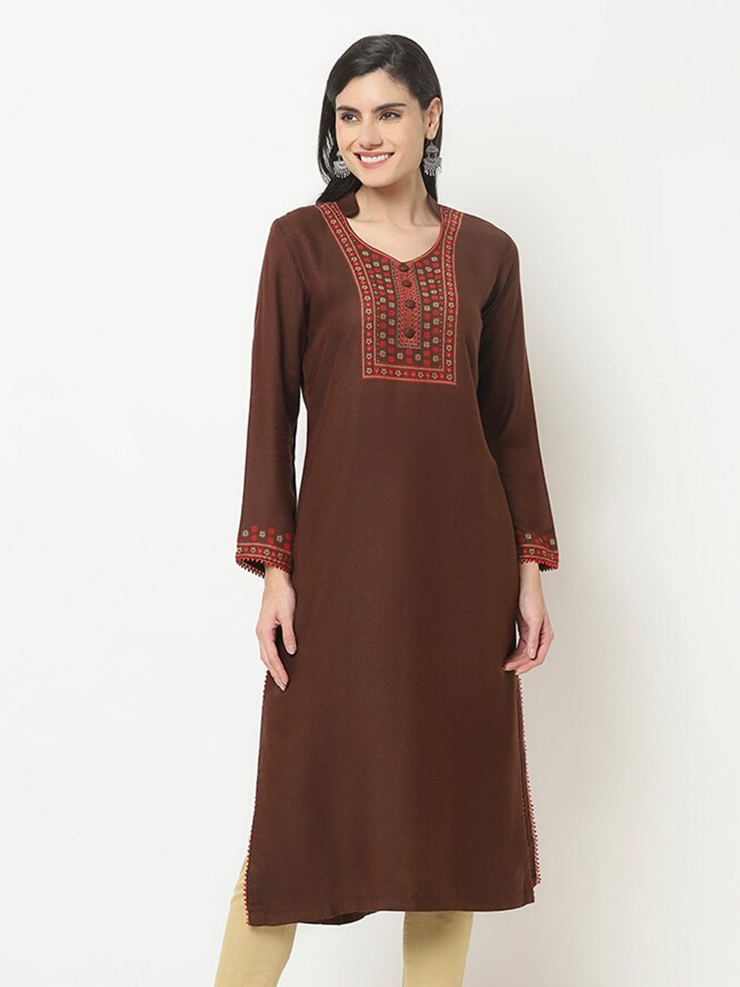 

KALINI Ethnic Motifs Yoke Design Woolen Kurta, Brown