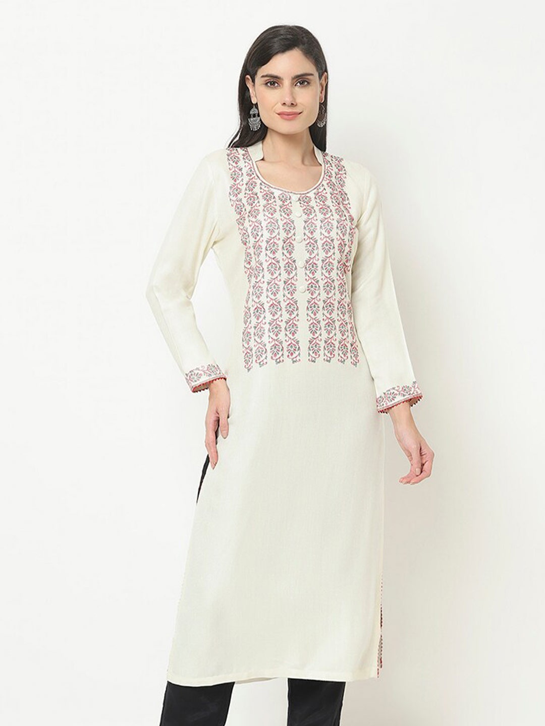 

KALINI Ethnic Motifs Yoke Design Mandarin Collar Kurta, White