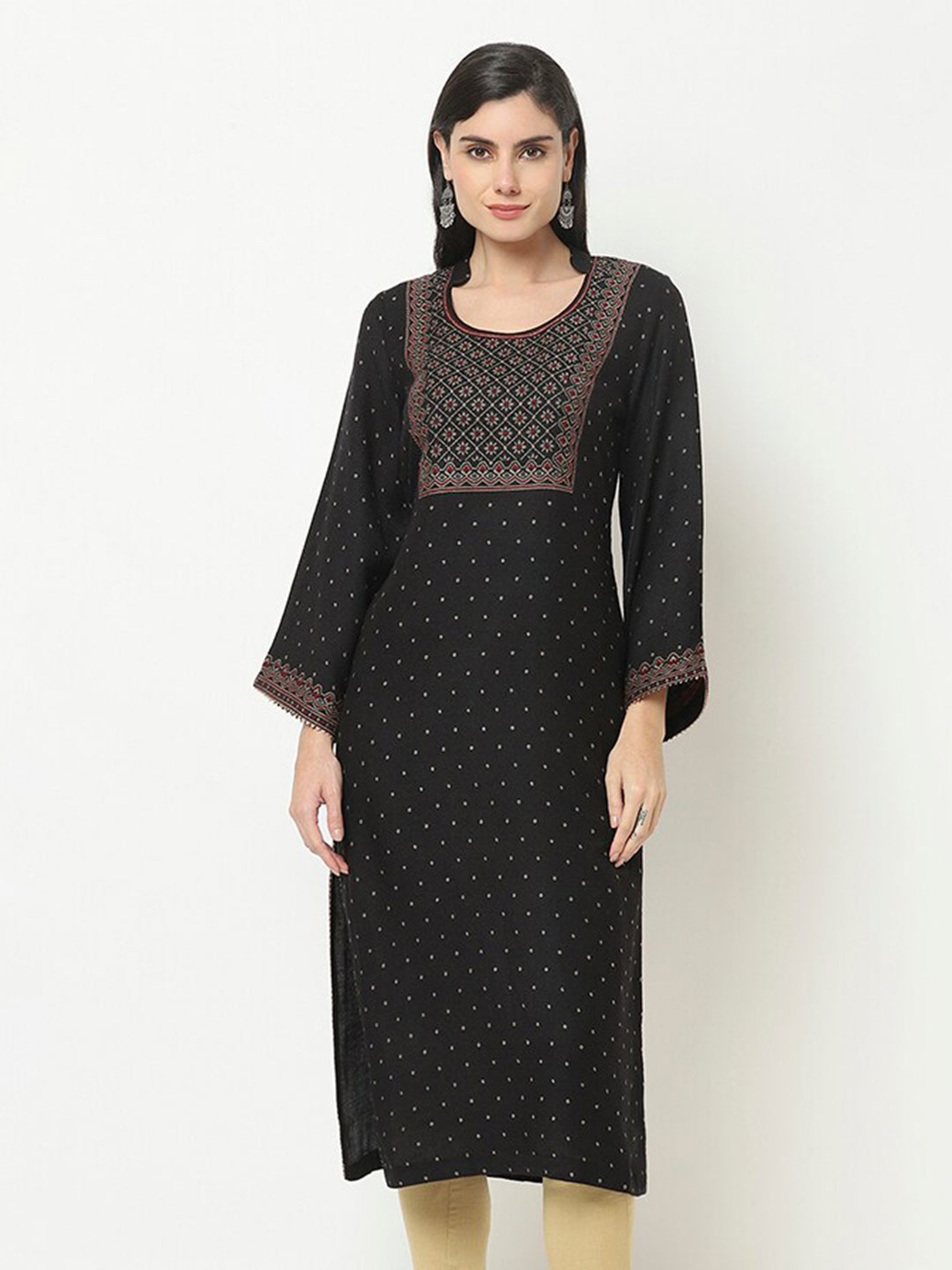 

KALINI Ethnic Motifs Printed Straight Regular Kurta, Black