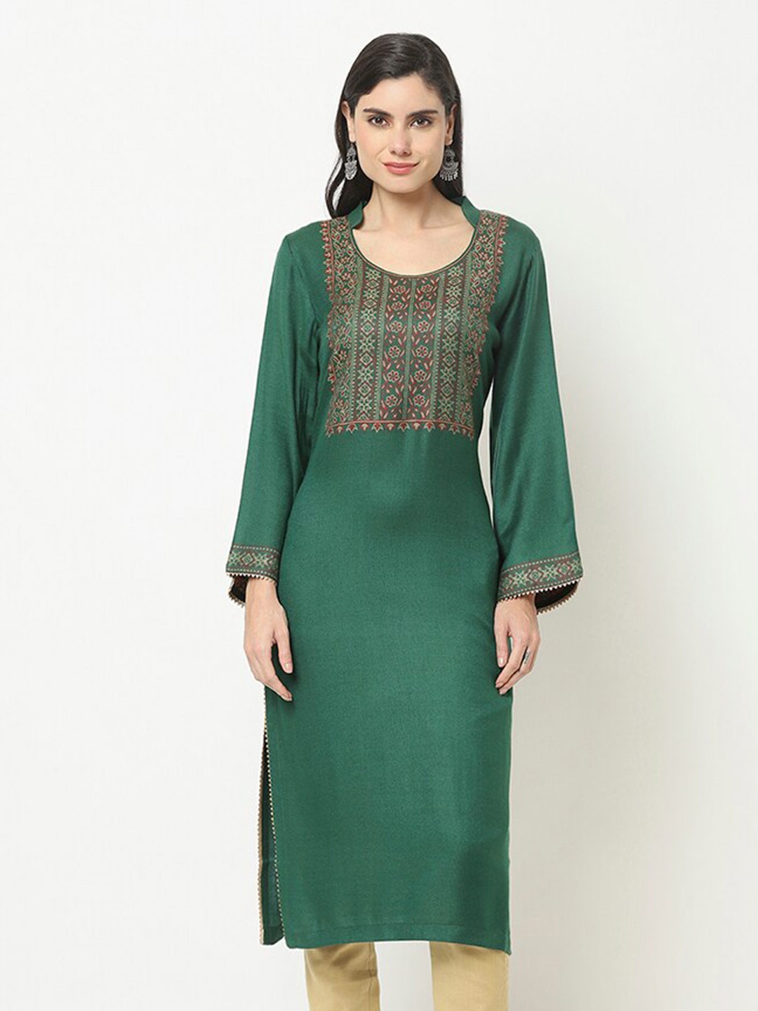 

KALINI Ethnic Motifs Yoke Design Mandarin Collar Woolen Straight Kurta, Green