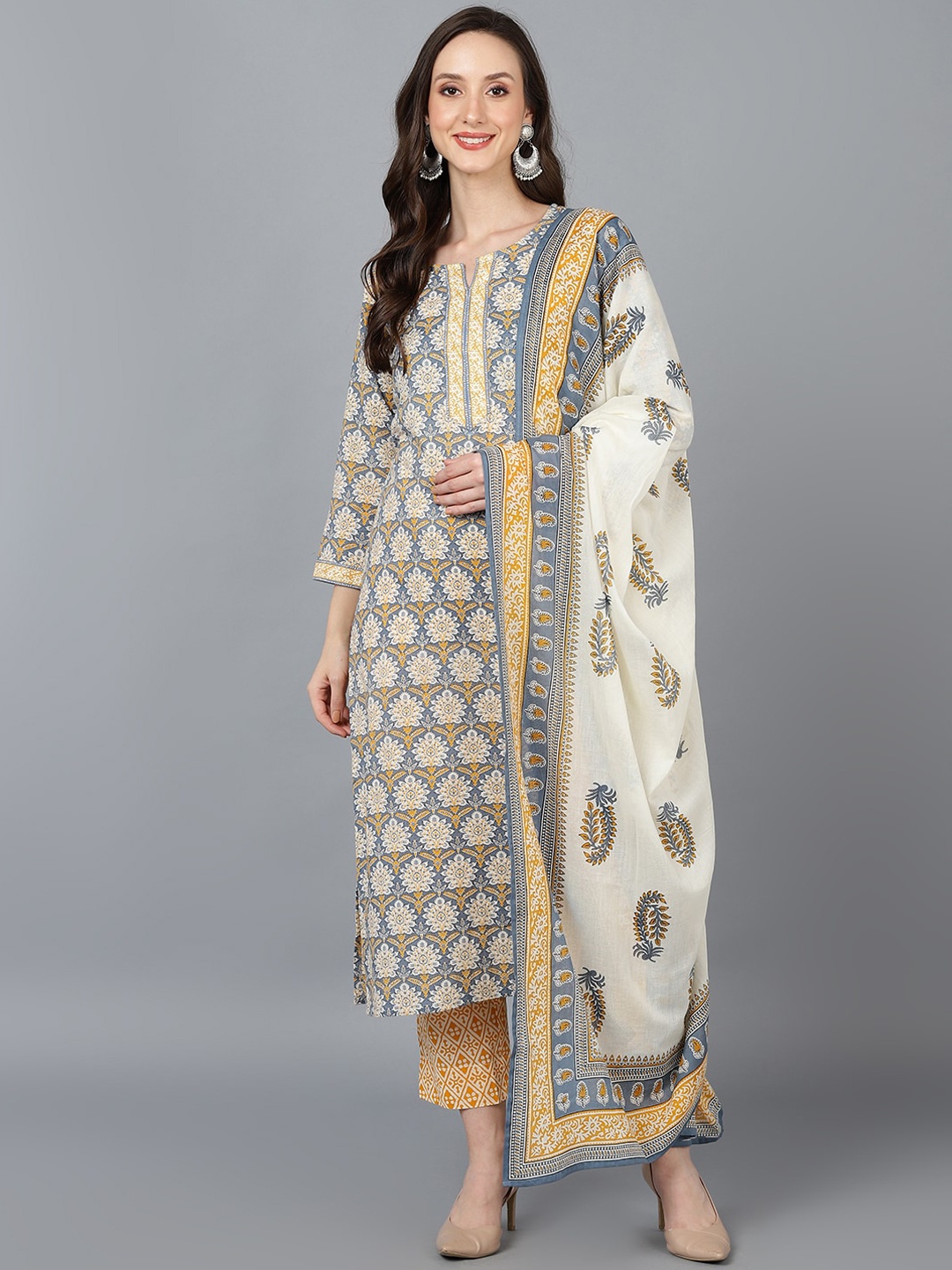 

AHIKA Ethnic Motifs Printed Pure Cotton Kurta with Trouser With Dupatta, Grey