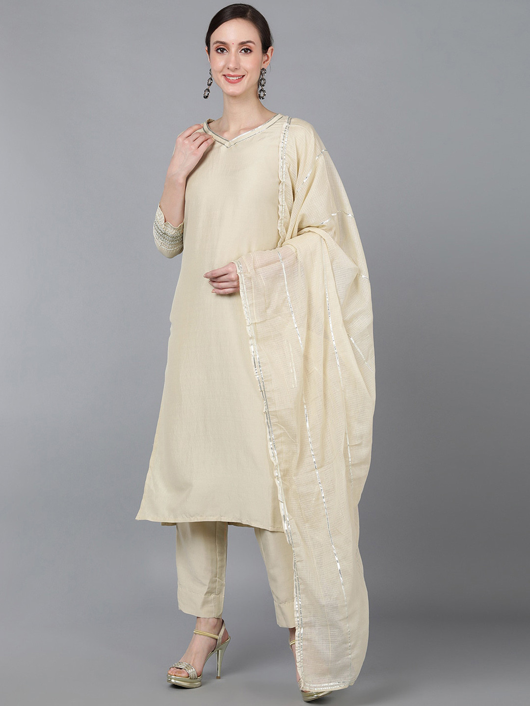 

AHIKA Women Cream-Coloured Gotta Patti Kurta with Trousers & With Dupatta
