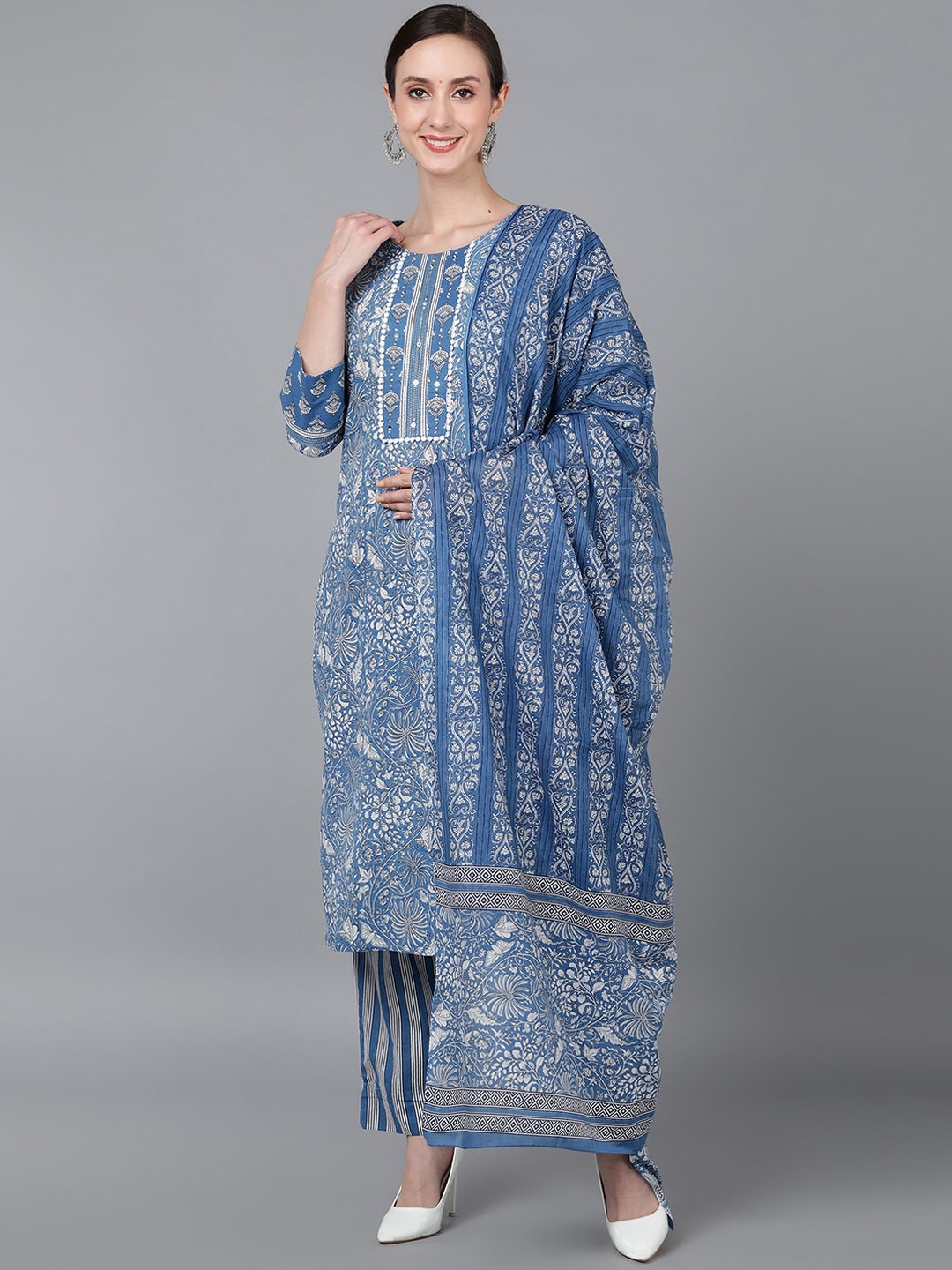 

AHIKA Women Blue Ethnic Motifs Printed Sequinned Pure Cotton Kurta with Trousers & With Dupatta