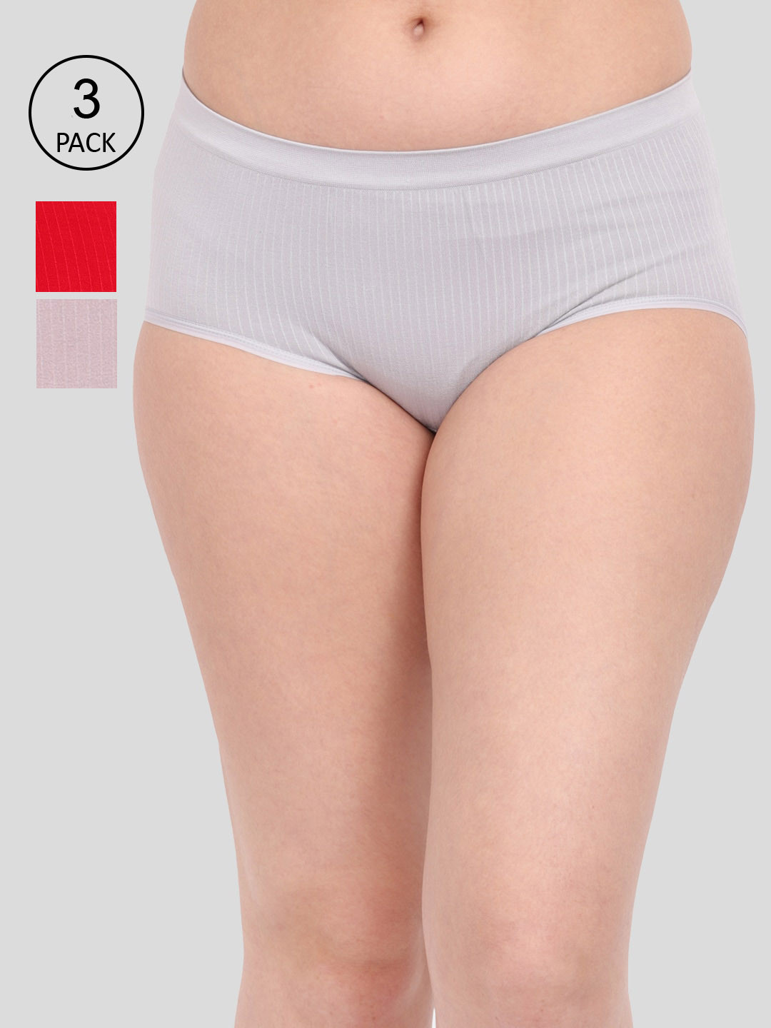 

Amour Secret Women Pack Of 3 Anti-Microbial Seamless Hipster Briefs P1935_Gry_Red_Rbn, Grey