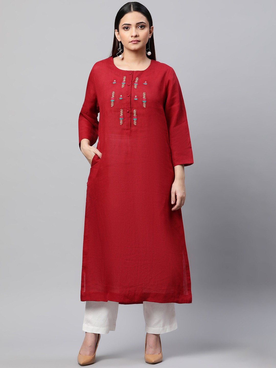 

Linen Club Woman Women Maroon Floral Embroidered Linen Kurta
