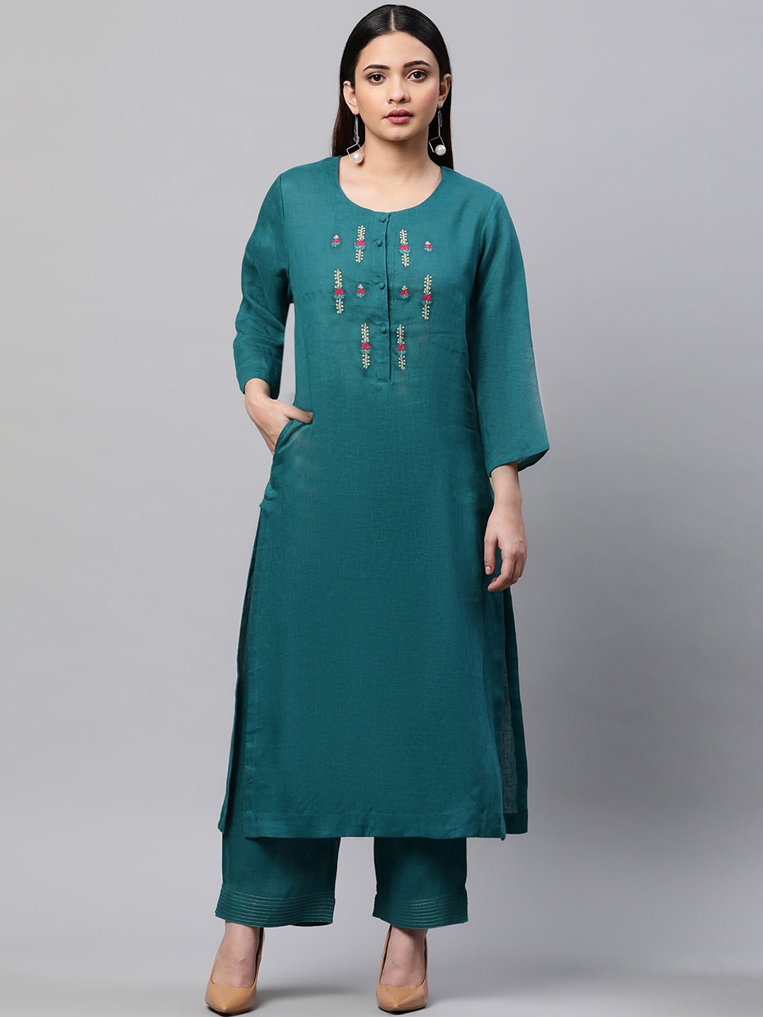 

Linen Club Woman Women Blue Floral Yoke Design Linen Kurta