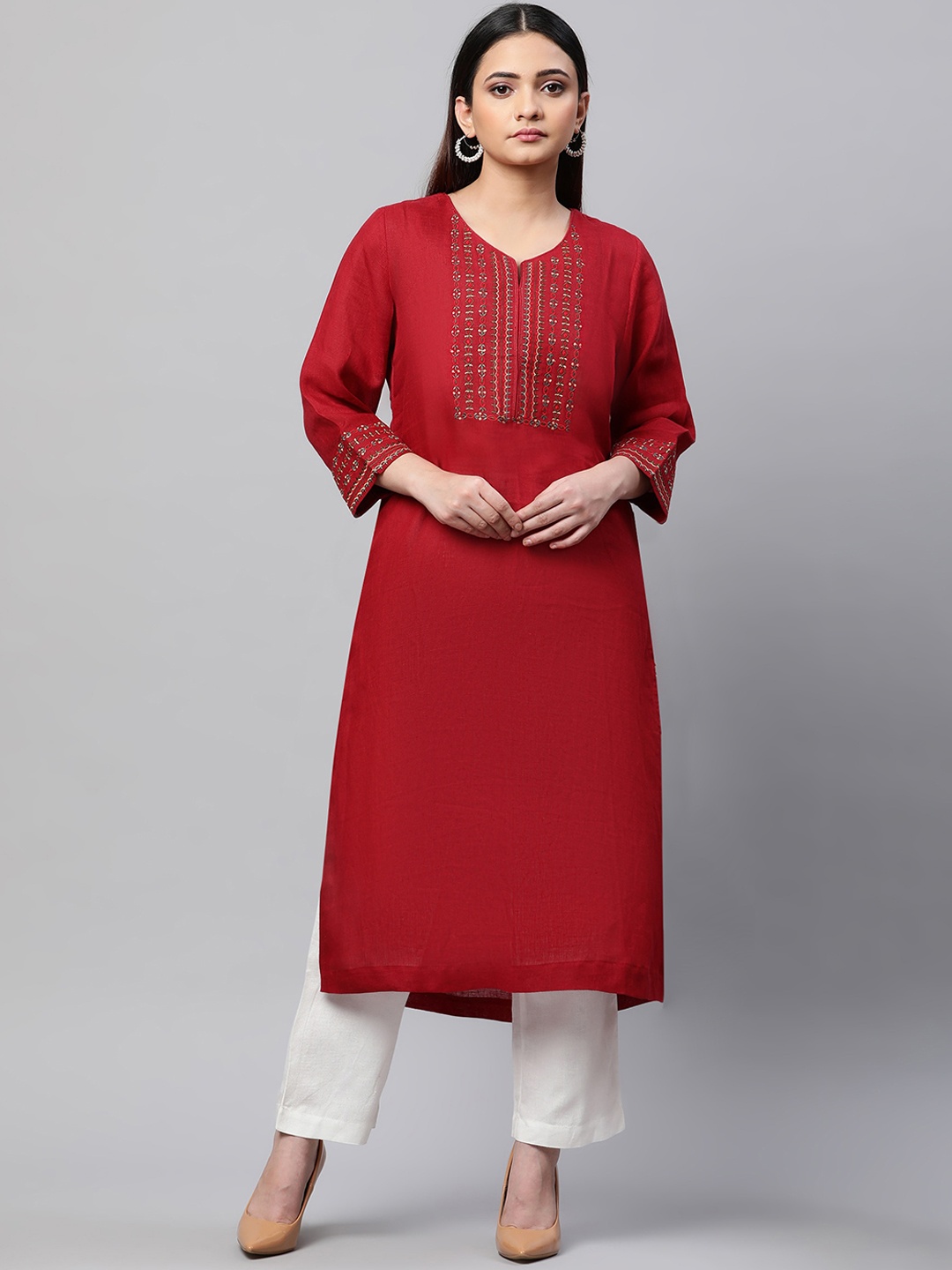 

Linen Club Woman Women Maroon Floral Yoke Design Linen Kurta