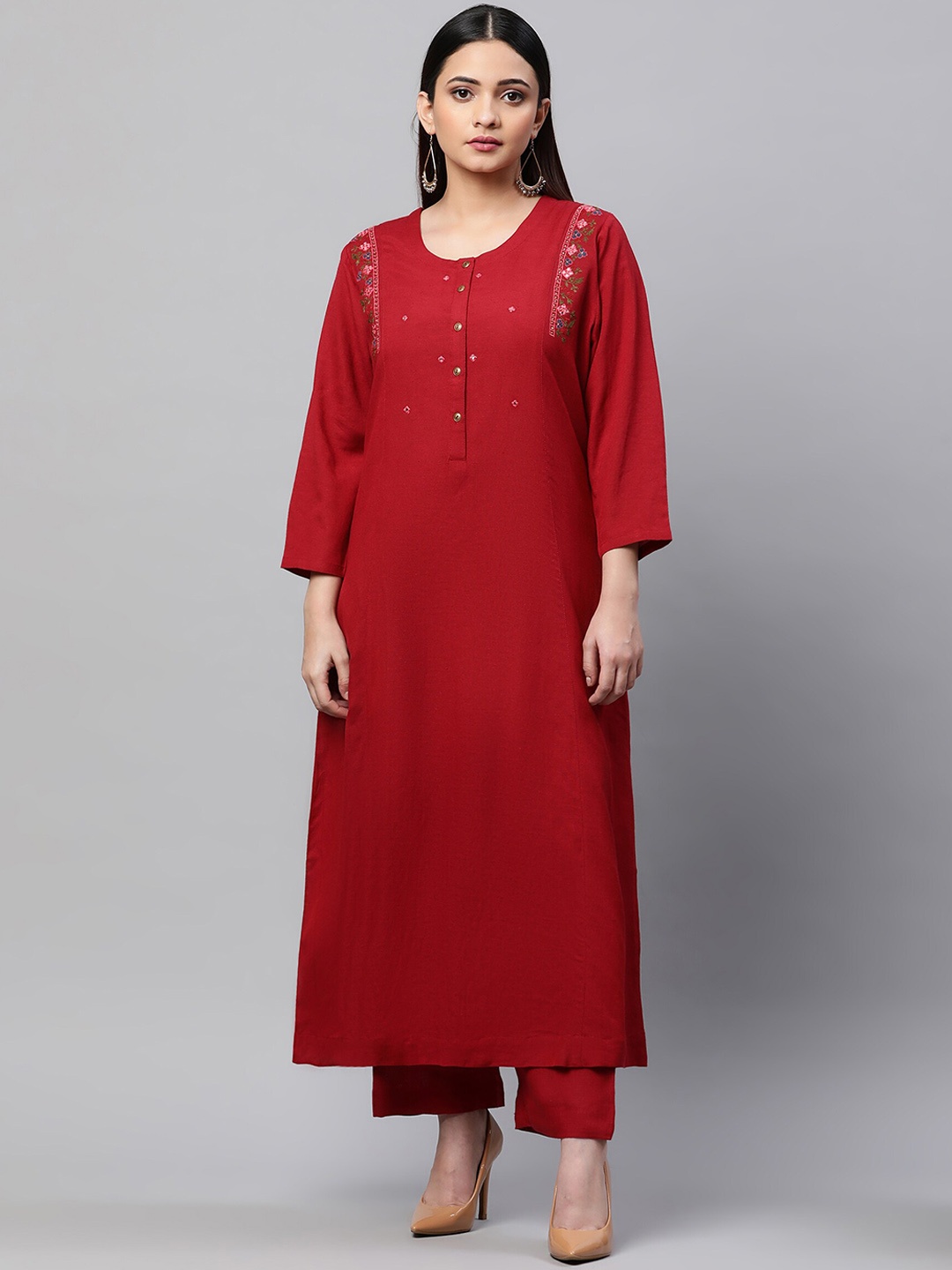 

Linen Club Woman Women Maroon Solid Linen Kurta