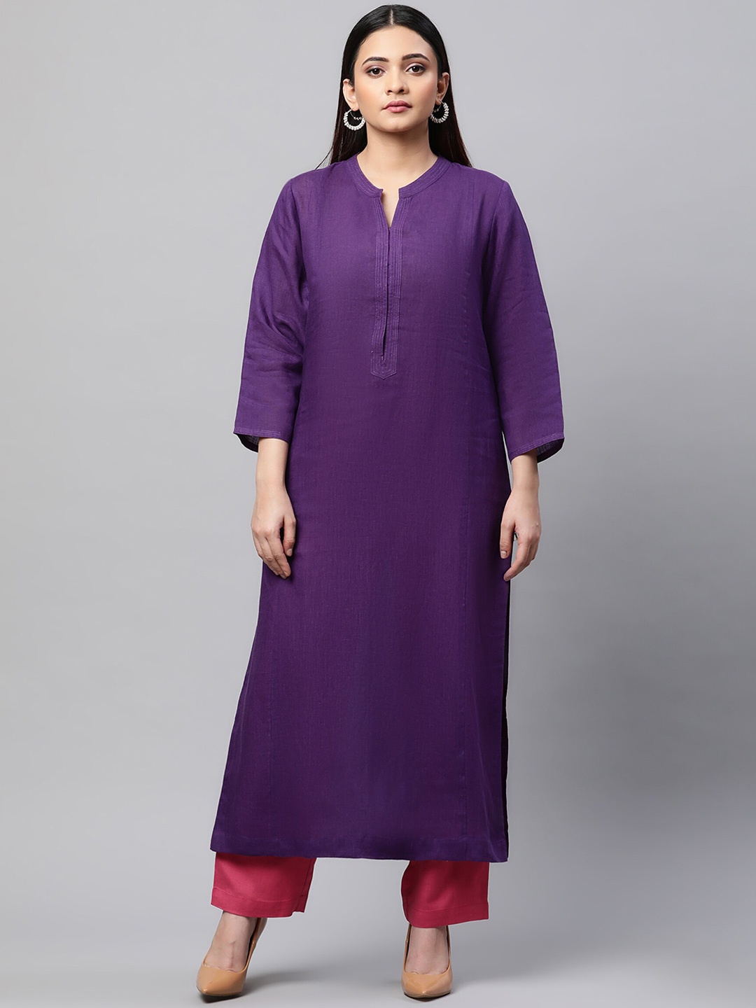 Linen Club Woman Women Purple Solid Linen Kurta