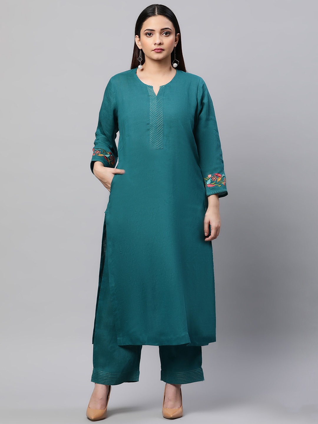 

Linen Club Woman Women Teal Blue Solid Linen Kurta