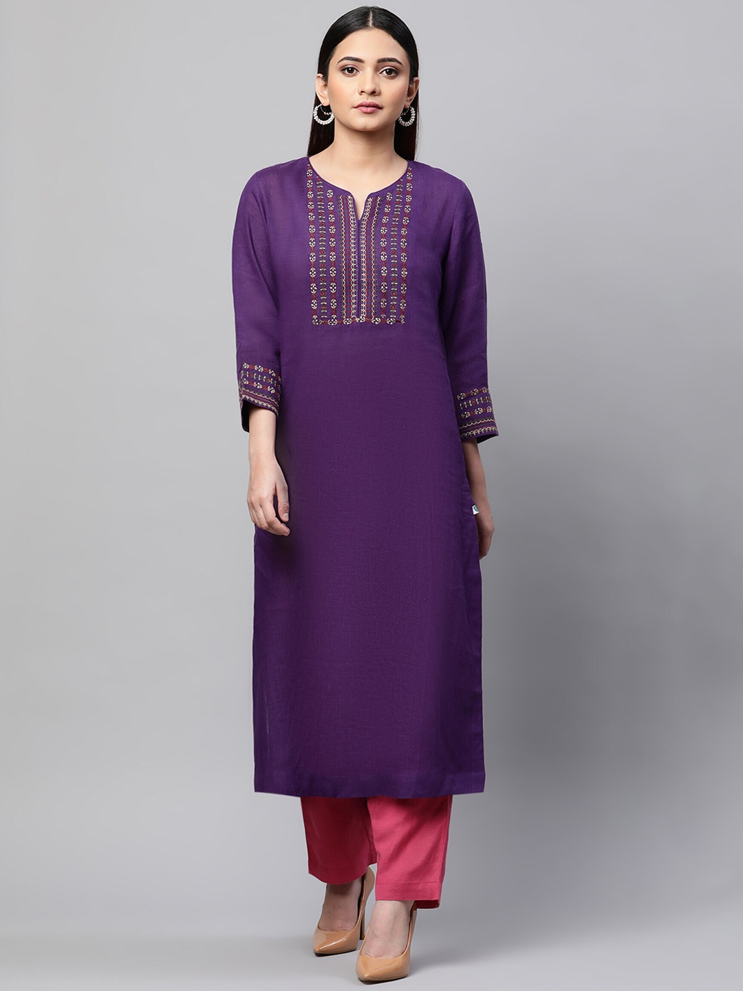 

Linen Club Woman Women Purple Floral Yoke Design Linen Kurta