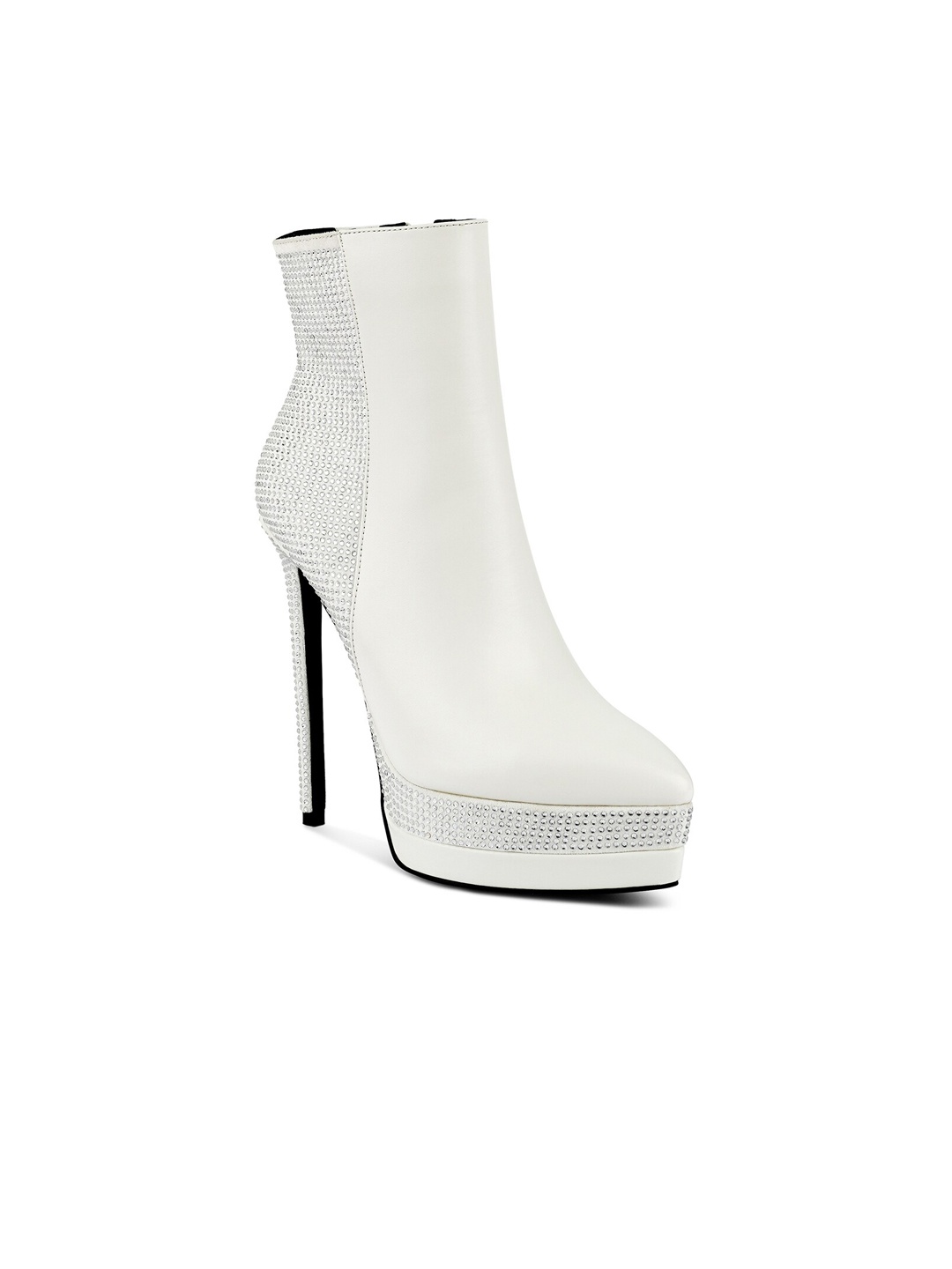 

London Rag Women White Embellished Pointed High-Heeled Winter Boots